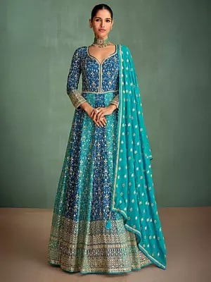 Embellished Georgette Heavy Sequins And Embroidery Work Wedding Wear Gown With Tassels Dupatta