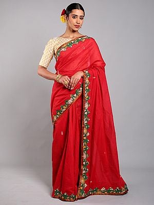Cotton Kalamkari Patch Border Saree with Zari work from Telangana