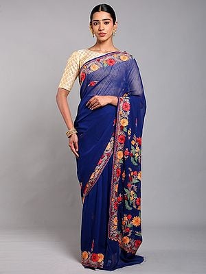 Bellwether-Blue Georgette Kashmiri Saree with Floral Aari Embroidery on Aanchal and Border