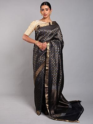 Black-Onyx Pure Silk Saree with All-Over Woven Motifs in Gold & Silver Colored Thread work from Chhattisgarh