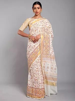 Cannoli-Cream Warli Folk Art Motifs Cotton Saree with Golden Border from Telangana