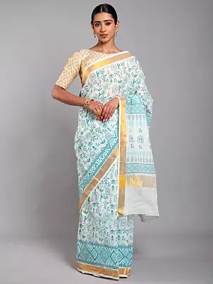 Cannoli-Cream Warli Folk Art Motifs Cotton Saree with Golden Border from Telangana