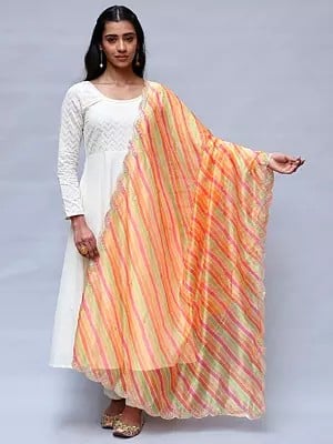 Multicolor Stripe Leheriya Dupatta with Zari Thread work Bootis and Scalloped Border from Amritsar