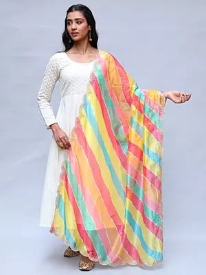 Multicolor Leheriya Dupatta from Amritsar with Zari Thread work Scalloped Border