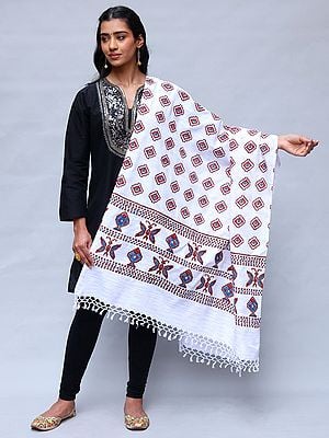 Lucent-White Cotton Dupatta with Printed Fishes and Butterflies