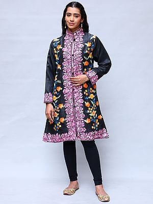 Black-Olive Kashmiri Long Jacket with Aari Embroidered Floral Vines with Side Pockets