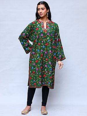 Kashmiri Aari Embroidered Green Wool Phiran with Floral Jaal
