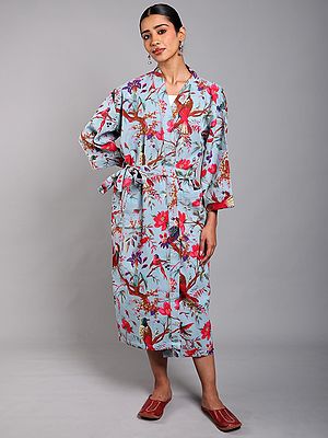 Cotton Robe with Printed Tree Branch and Front Pockets