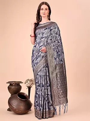 All Over Floral Print Festive Wear Cotton Saree With Contrast Tassels Pallu
