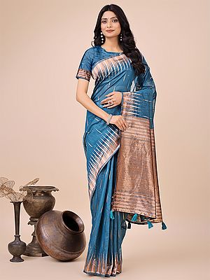 Linen Cotton Fancy Casual Wear Saree With Striped Tassels Pallu And Matching Blouse