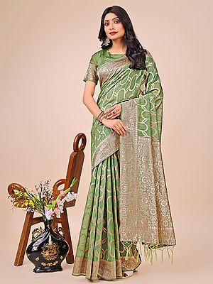 Floral Border Fancy Festive Wear Linen Cotton Saree With Contrast Tassels Pallu