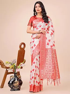 Linen Cotton Flower Motifs All Over Festive Wear Saree With Blouse
