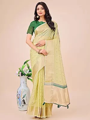 Plain Attractive Casual Wear Organza Saree With Tassels Pallu And Blouse