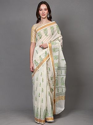 Transparent-Yellow Cotton Saree with Paisley Print and Zari Border from Telangana