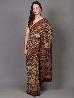 Novelle-Peach Floral Pattern Crepe Saree with Kantha and Sequins Embroidery