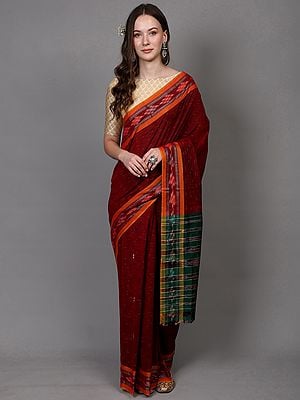 Karanda-Red Cotton Ikat Saree from Sambhalpur with Woven Border