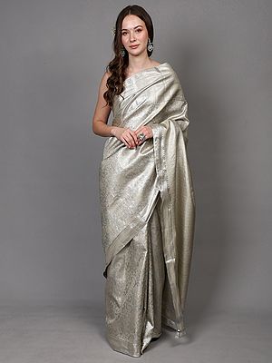 Silver Colored Thread woven Saree with Floral Jaal Motifs from Bangalore