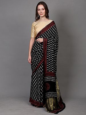 Black-Onyx Dabu Block Printed Leaf Motifs Saree with Shimmer Pallu from Madhya Pradesh