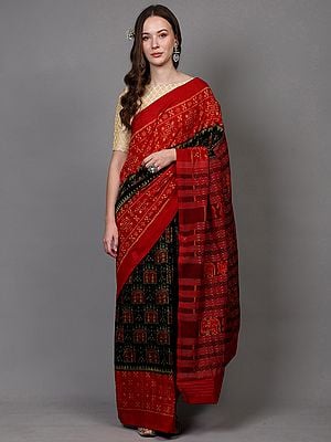 Pirate-Black Pure Cotton Ikat Handloom Saree from Sambhalpur with Contrast Wide Border