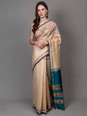 Novelle-Peach Pure Silk Ikat Handloom Floral Border Saree with Golden Thread Weave and Contrast Pallu from Bangalore