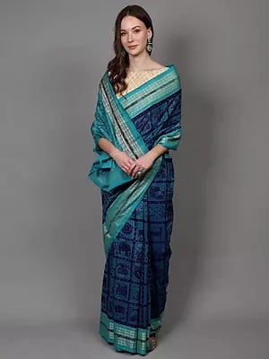 Twilight-Blue Pure Cotton Ikat Handloom Saree with Animal Motifs and Fish Weave Border from Sambhalpur