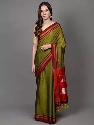 Golden-Cypress Ilkal Handloom Traditional Saree with Contrast Red Border and Anchal