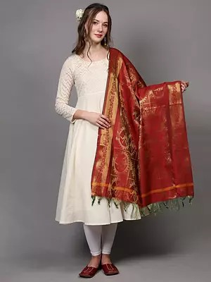 Brocaded Nataraja (Dancing Lord Shiva) Ponnadai Prayer Shawl from Tamil Nadu