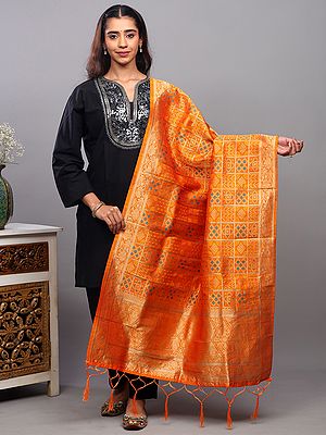 Zari Woven Bandhani Gharchola Dupatta with Floral Vine Border