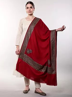 Pure Wool Shawl with Thread Embroidered Border Paisley and Corners from Amritsar