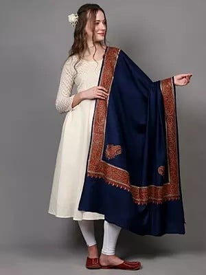 Pure Wool Shawl with Thread Embroidered Border Paisley and Corners from Amritsar