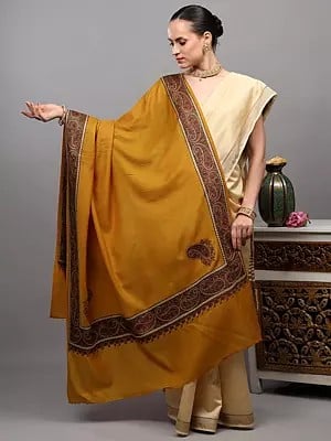 Pure Wool Shawl with Thread Embroidered Border Paisley and Corners from Amritsar