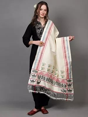 Cannoli-Cream Khadi Dupatta with Thread Weave Folk Tribal Musicians