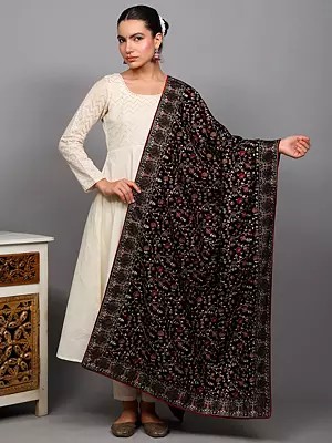 Velvet Dupatta from Amritsar with Multicolor Thread Embroidered Phool Bail and Bead Work