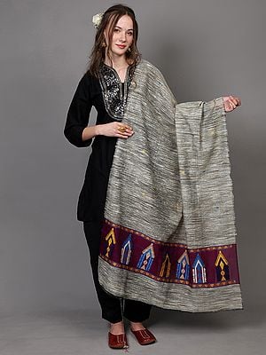 Forest-Fog Mix Weave Textured Khadi Dupatta with Thread Motif Contrast Border