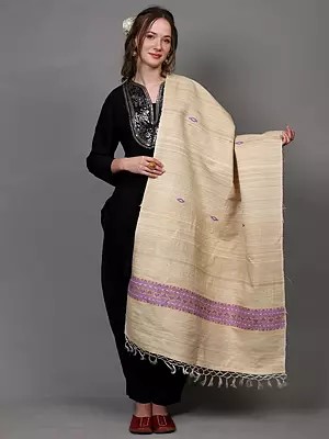 Bleached-Sand Jute Dupatta with Threadwork Bootis and Border