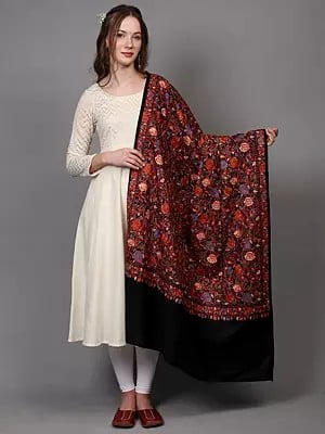 Pure Wool Shawl from Punjab with Multicolor Intricate Embroidered Floral Vines