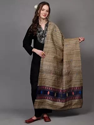 Savannah-Tan Jute Dupatta with Woven Motifs and Contrast Border