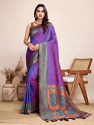 Pure Jacquard Zari Woven Wide Border Fancy Saree With Contrast Floral Tassels Pallu