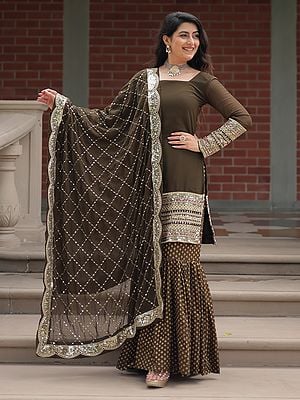 Faux Georgette Sequins & Thread Embroidered Work Elegant Attractive Kurti With Sharara And Dupatta