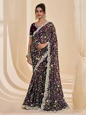 Floral Print All Over Embroidery Work Border Designer Party Wear Crepe Saree With Matching Blouse