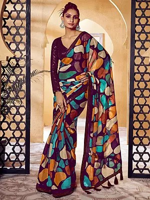 Abstract Print Sequins Work Designer Party Wear Jimmy Choo Saree With Full Sleeve Blouse