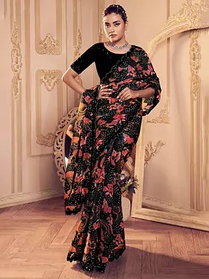 Embroidery And Sequins Work Border Floral Print Designer Jimmy Choo Saree With Blouse
