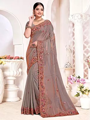 Two Tone Silk Sequins And Embroidery Work Flower Patch Border Saree With Matching Blouse