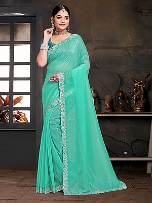 Sequins And Embroidery Work Border Solid Attractive Silk Party Wear Saree With Blouse