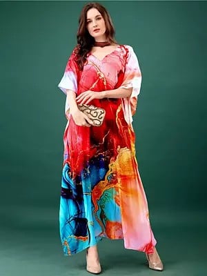 Multicolor V-Neck Long Kaftan with Printed Vibrant Abstract Pattern