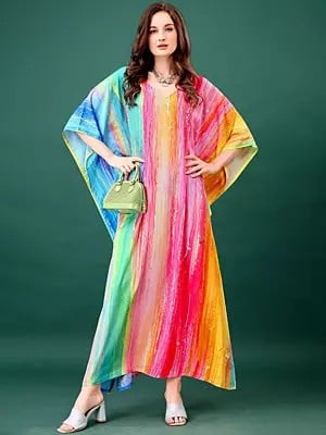 Rainbow Stripes Printed Long Kaftan with Internal Drawstring
