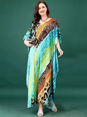 Multi-Color Printed V-neck Long Kaftan with Internal Drawstring