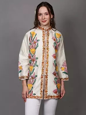 Cannoli-Cream Aari Embroidered Short Jacket from Kashmir