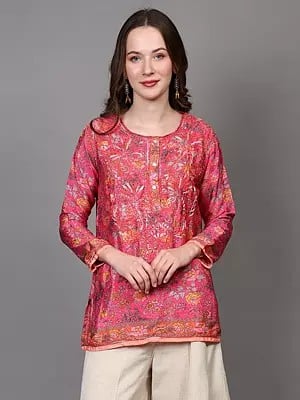 Floral Printed Crepe Straight Kurti with Embroidery