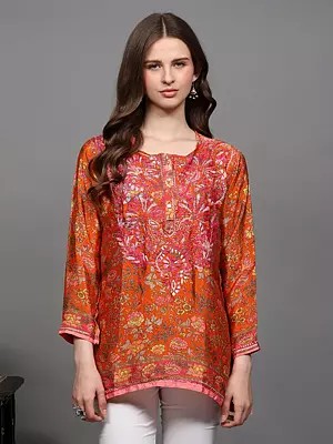 Floral Printed Crepe Straight Kurti with Chikankari Embroidery